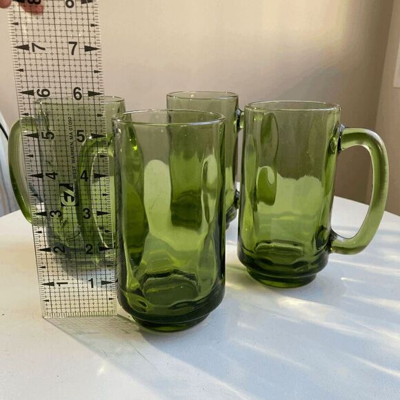 Hazel Atlas Lyric Drop Dot Optic Avocado Green Glass Mug Set of 4 Heavy Stein - Picture 2 of 8
